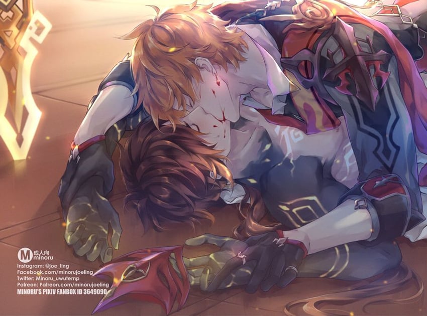 zhongli and tartaglia (genshin impact) drawn by minoru_(minoru_uwutemp)