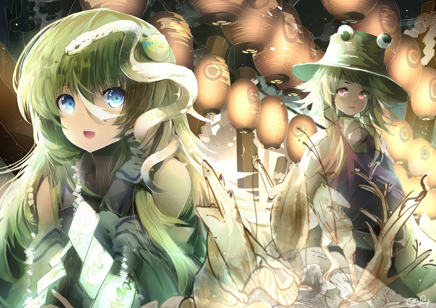 kochiya sanae, moriya suwako, and pyonta (touhou) drawn by daikoku_osamu