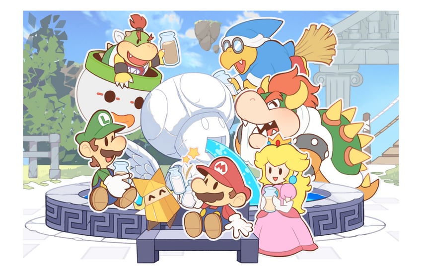 princess peach, mario, luigi, bowser, toad, and 8 more (mario and 2 more) drawn by hoshikuzu_pan