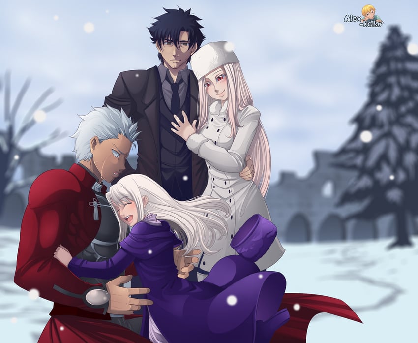 illyasviel von einzbern, archer, emiya kiritsugu, and irisviel von einzbern (fate and 2 more) drawn by alex_kellar