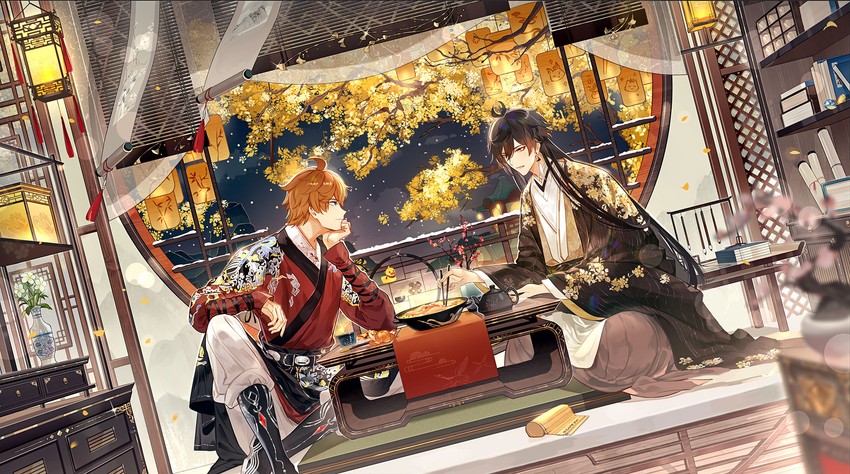 zhongli and tartaglia (genshin impact) drawn by qing