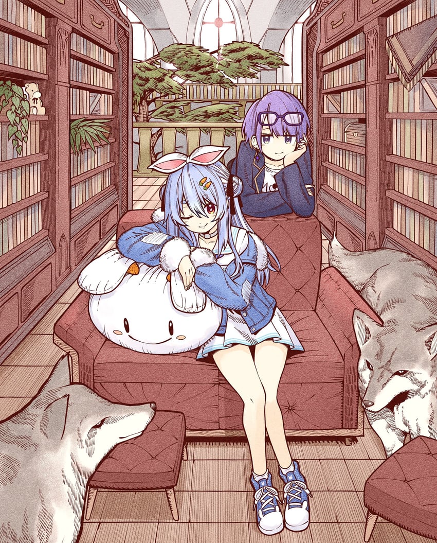 usada pekora, moona hoshinova, and pekomon (hololive and 1 more) drawn by yurai0739