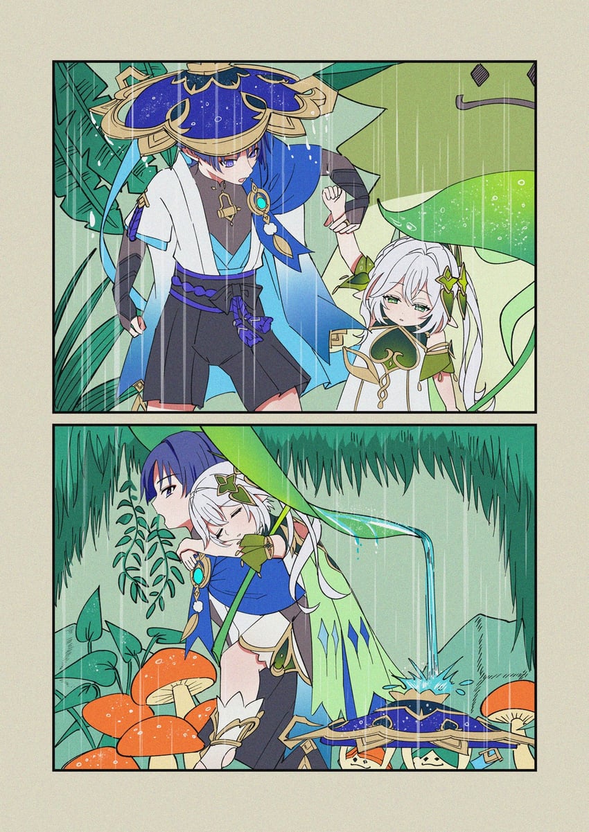 scaramouche, nahida, wanderer, and aranara (genshin impact) drawn by caramelo_game
