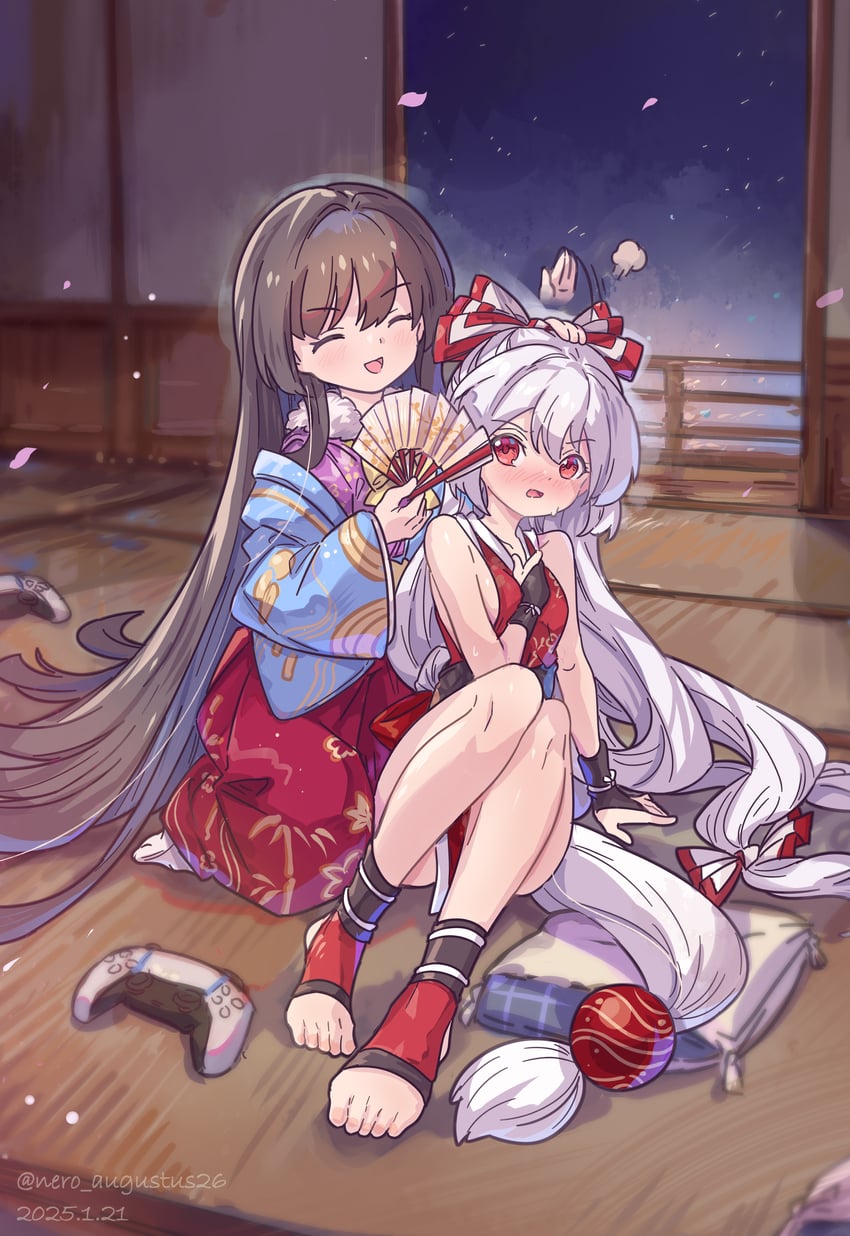 fujiwara no mokou, houraisan kaguya, and shiranui mai (touhou and 2 more) drawn by nero_augustus