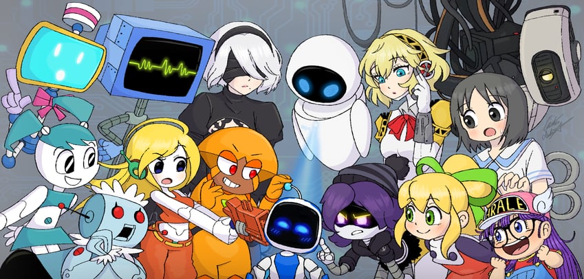 2b, aigis, roll, shinonome nano, norimaki arale, and 10 more (persona and 16 more) drawn by chris-thekid