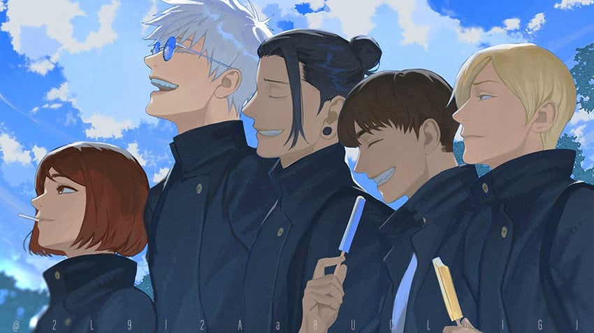 gojou satoru, getou suguru, nanami kento, ieiri shoko, and haibara yu (jujutsu kaisen) drawn by blackbox_(blackbox9158)