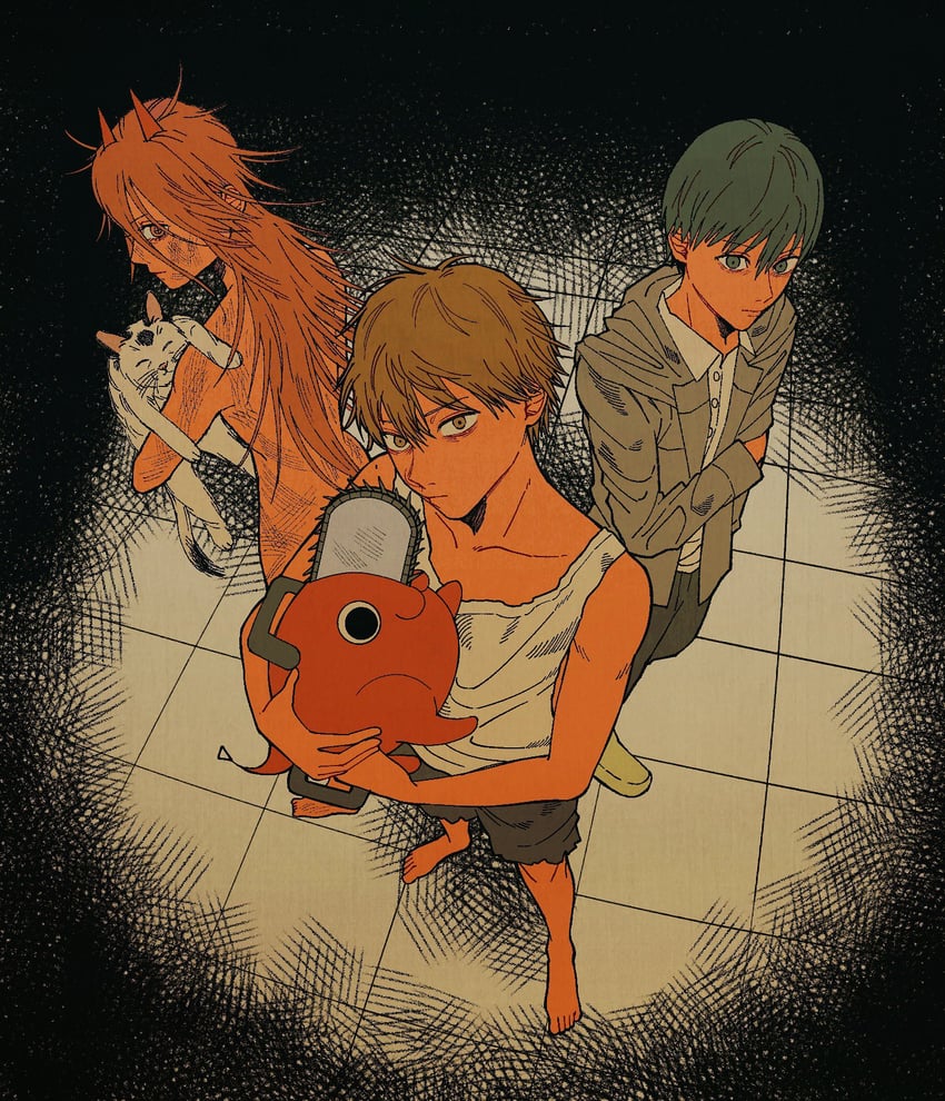 power, denji, hayakawa aki, pochita, and meowy (chainsaw man) drawn by llq9ull