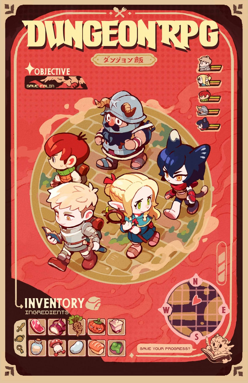 marcille donato, laios touden, senshi, chilchuck tims, izutsumi, and 1 more (persona and 1 more) drawn by onemegawatt