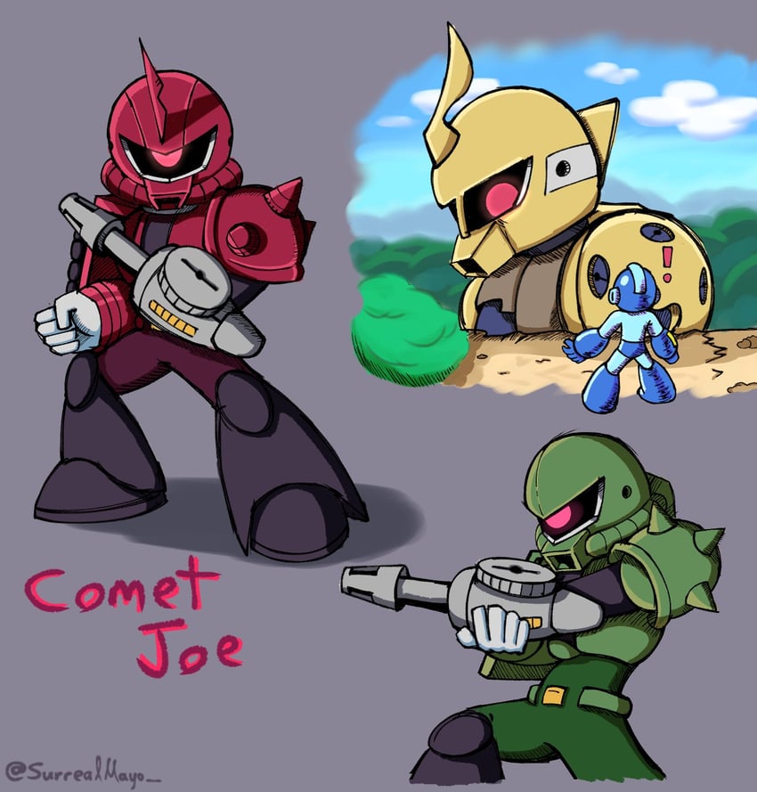 mega man, zaku ii, zaku ii s char custom, zaku i, and sniper joe (gundam and 1 more) drawn by surrealmason