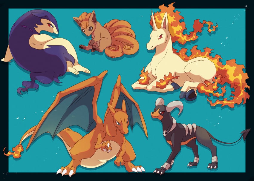 charizard, vulpix, houndoom, hisuian typhlosion, and rapidash (pokemon) drawn by kechon-san
