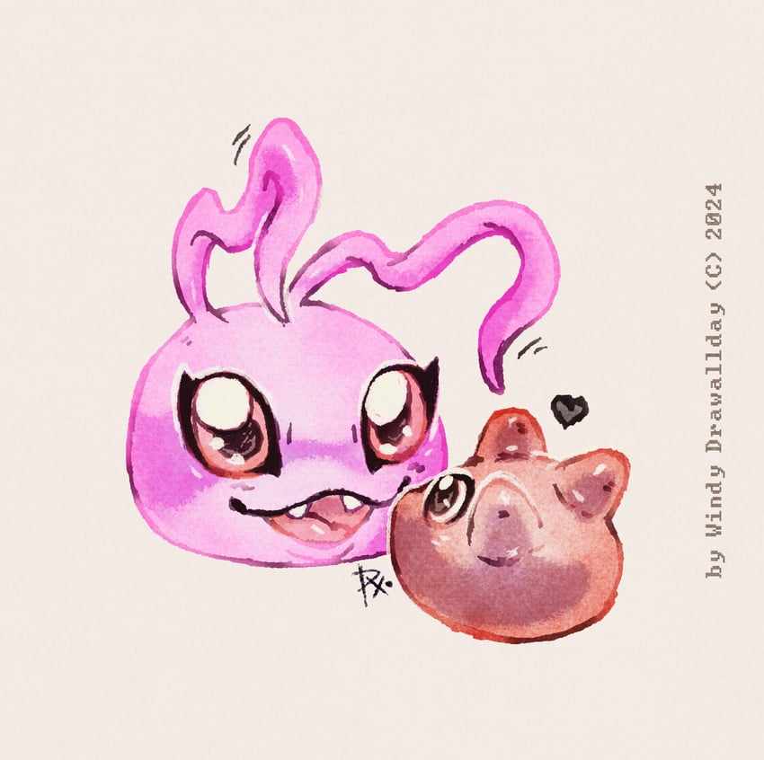 koromon and punimon (digimon) drawn by windydrawallday