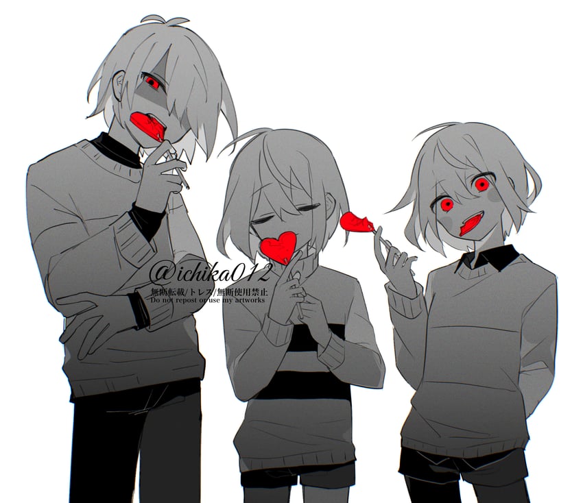frisk, chara, and kris (undertale and 1 more) drawn by ichika012