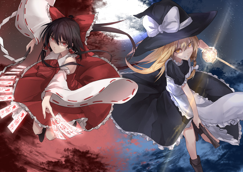 hakurei reimu and kirisame marisa (touhou) drawn by eisuto