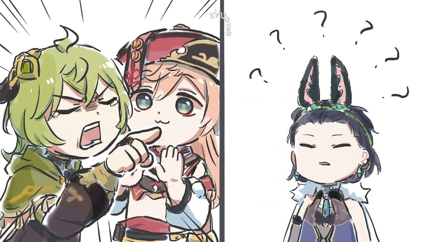 yelan, yanfei, and collei (genshin impact) drawn by xinzoruo