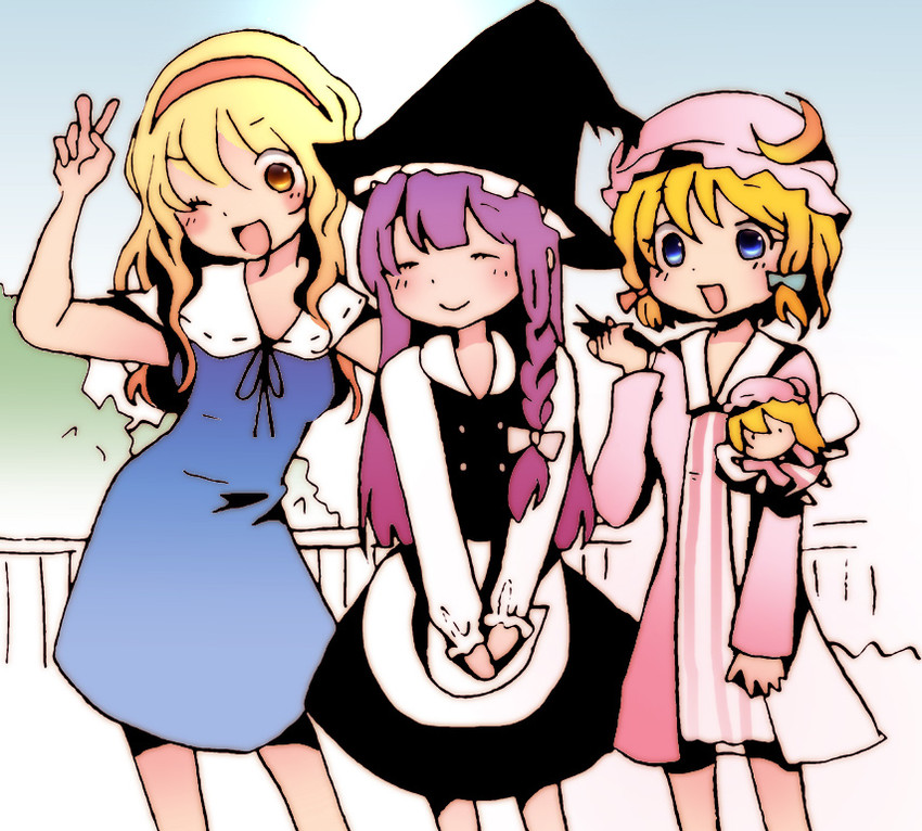 kirisame marisa, alice margatroid, patchouli knowledge, and shanghai doll (touhou) drawn by koroneri