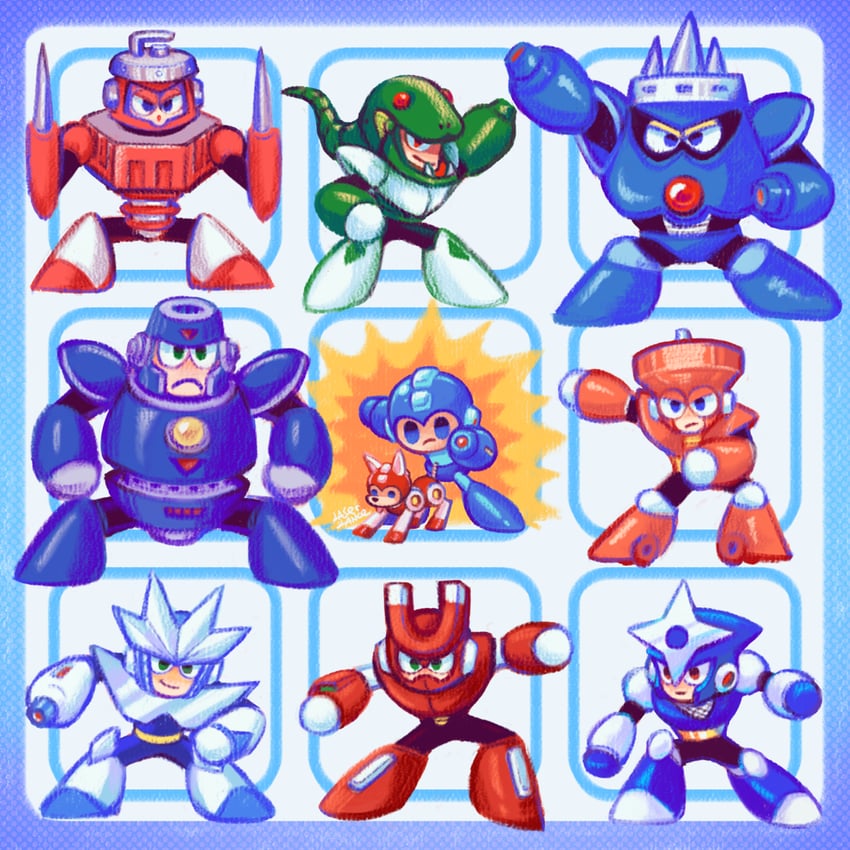 mega man, rush, shadow man, snake man, top man, and 5 more (mega man and 1 more) drawn by laser-lance