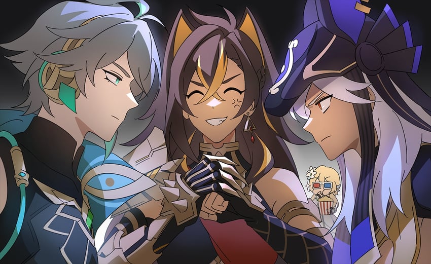 lumine, alhaitham, cyno, and dehya (genshin impact) drawn by angduuuu_(ghost)