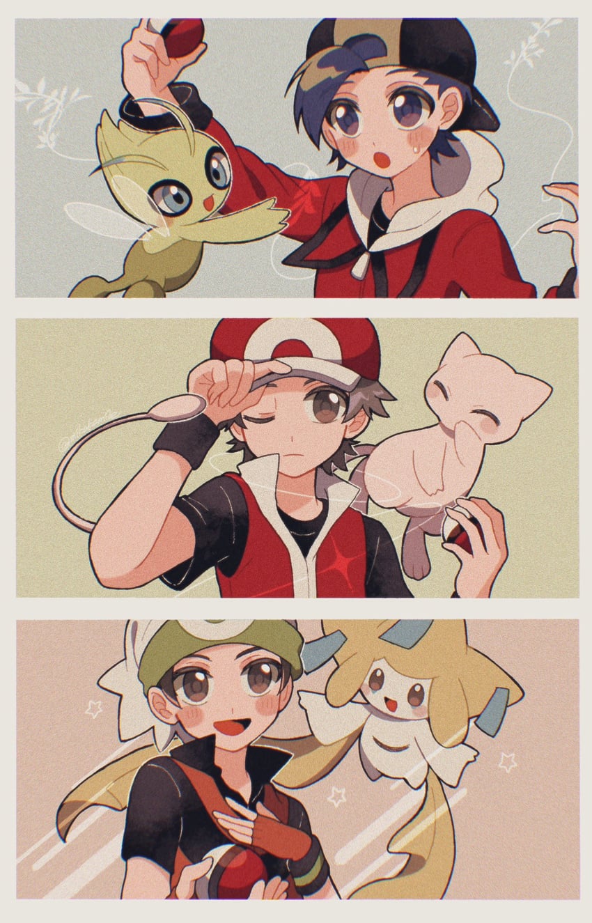 red, ethan, brendan, jirachi, mew, and 1 more (pokemon and 4 more) drawn by mikakami1e