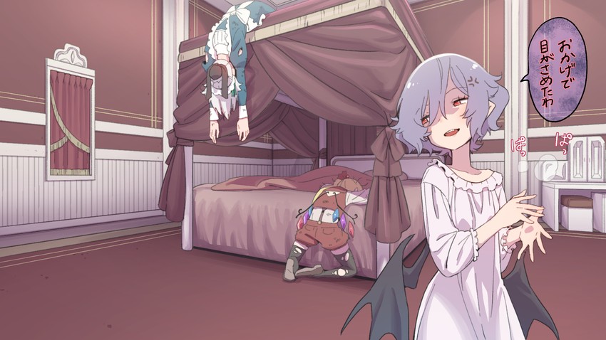 remilia scarlet, flandre scarlet, and izayoi sakuya (touhou) drawn by kawayabug