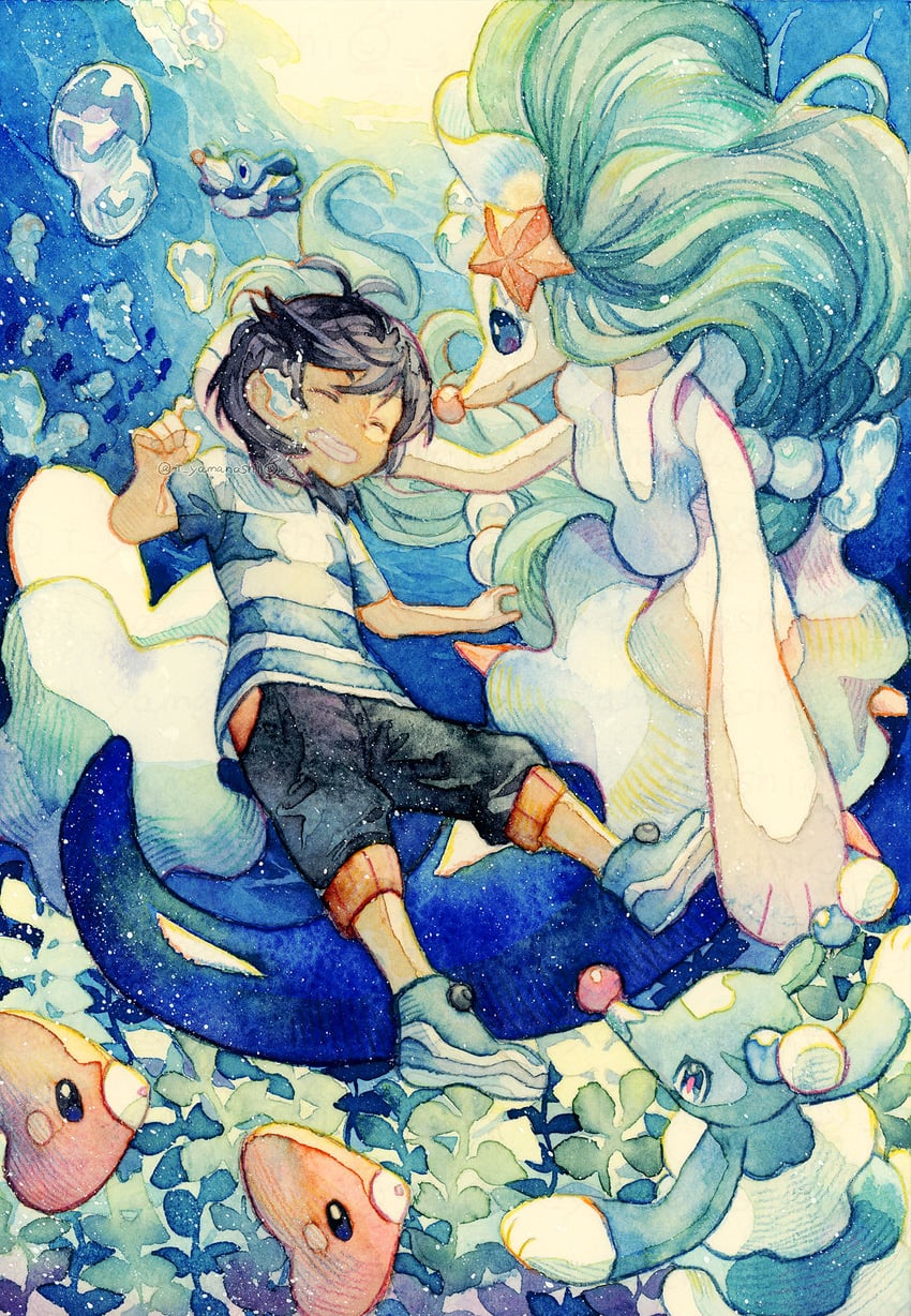 elio, popplio, primarina, luvdisc, and brionne (pokemon and 1 more) drawn by yamanashi_taiki