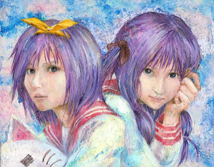 hiiragi kagami and hiiragi tsukasa (lucky star) drawn by kabaji