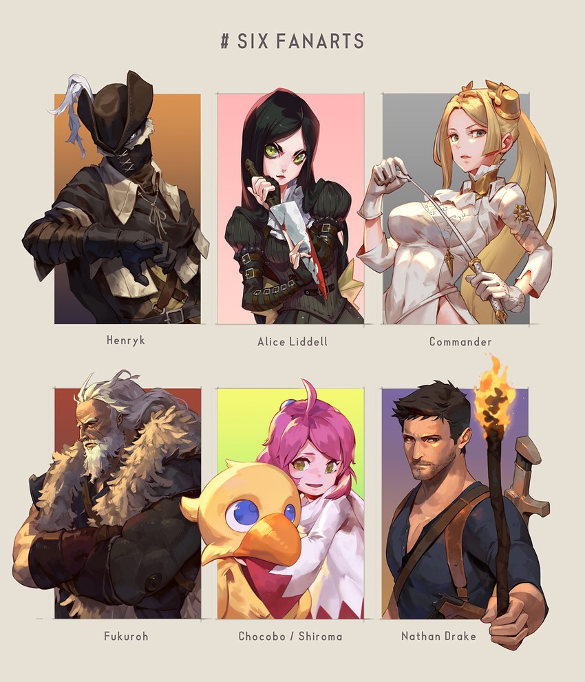 white mage, alice liddell, commander, shirma, nathan drake, and 2 more (final fantasy and 7 more) drawn by jiro_(ninetysix)