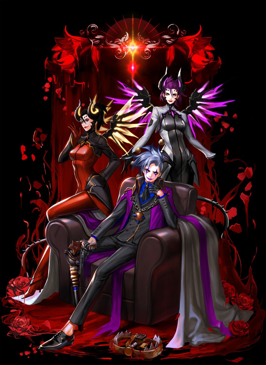 mercy, junkrat, devil mercy, imp mercy, and jester junkrat (overwatch and 1 more) drawn by lsr