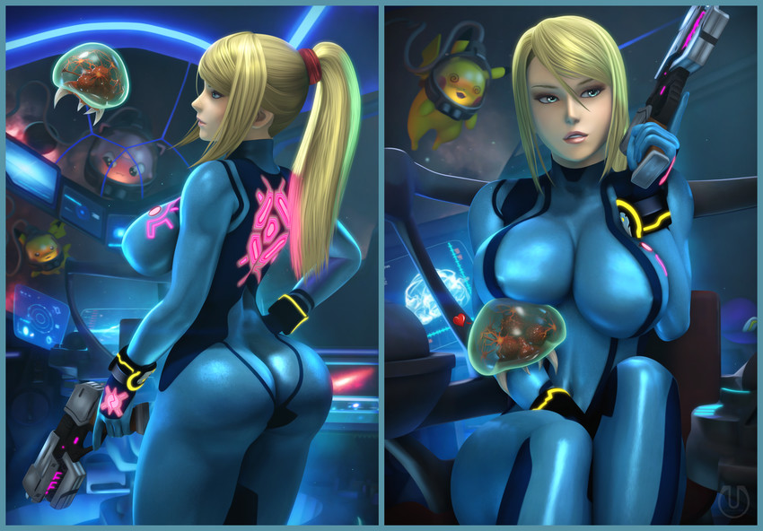 pikachu, samus aran, jigglypuff, metroid, and metroid larva (pokemon and 2 more) drawn by urbanator