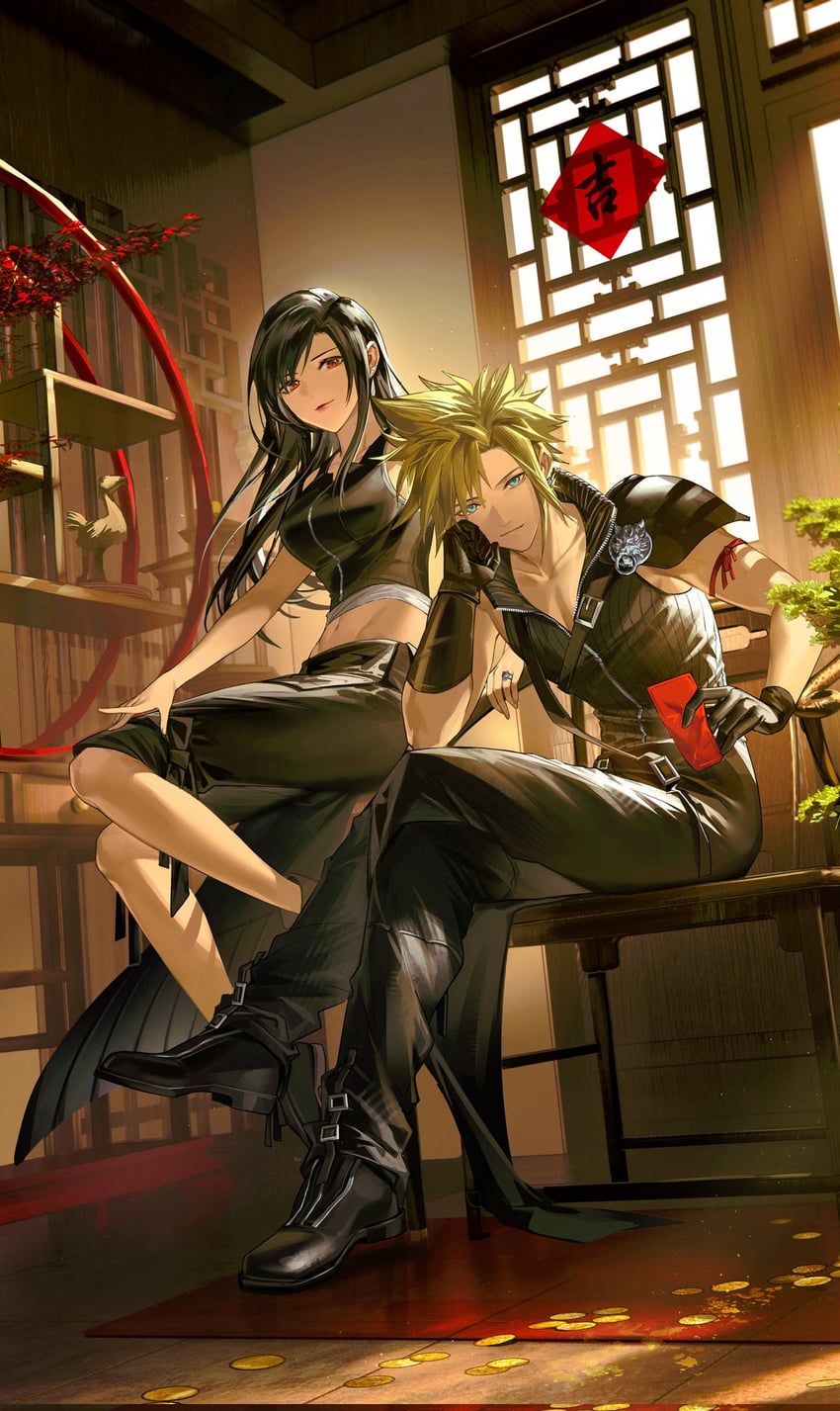 tifa lockhart, cloud strife, and fenrir (final fantasy and 2 more) drawn by duoj_ji