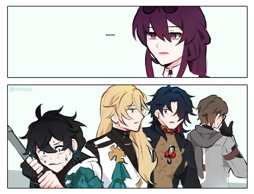 kafka, dan heng, blade, welt yang, and luocha (honkai and 1 more) drawn by rewuyuu