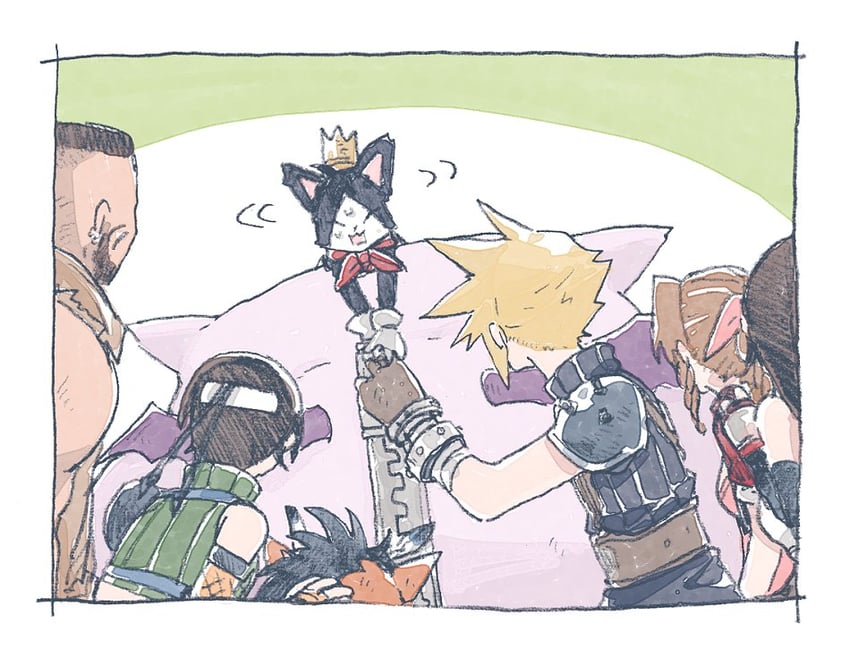 tifa lockhart, cloud strife, aerith gainsborough, yuffie kisaragi, moogle, and 3 more (final fantasy and 1 more) drawn by michibata_65