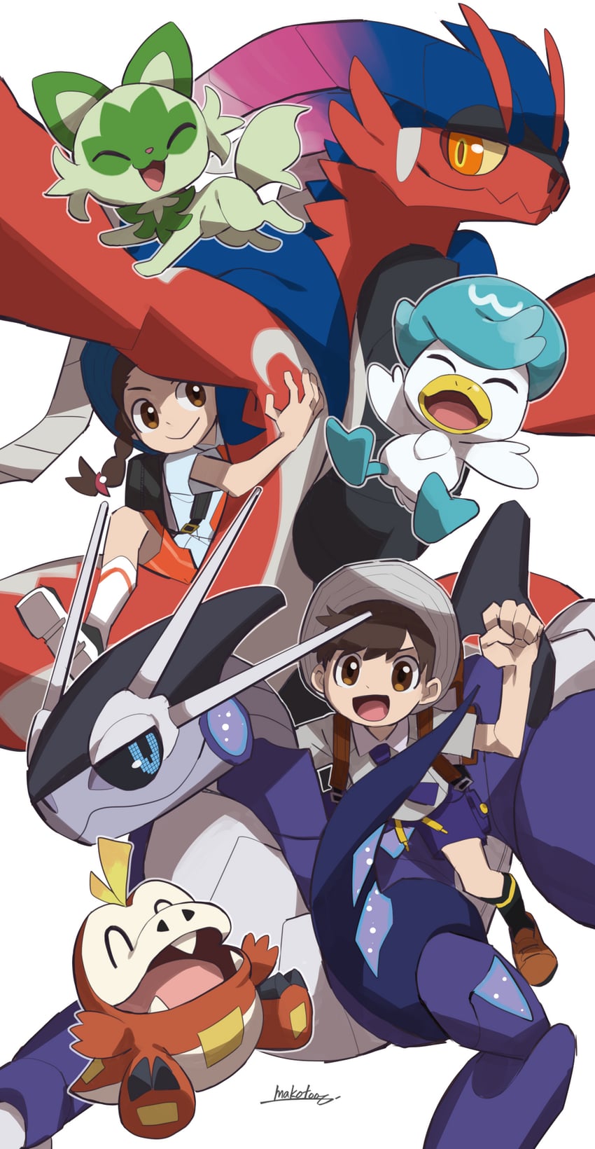 juliana, florian, sprigatito, fuecoco, quaxly, and 2 more (pokemon and 1 more) drawn by makoto_ikemu