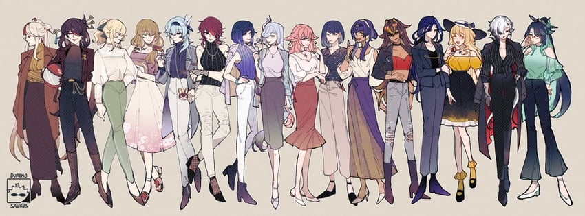 yae miko, shenhe, eula, yelan, arlecchino, and 12 more (genshin impact) drawn by durenosaurus