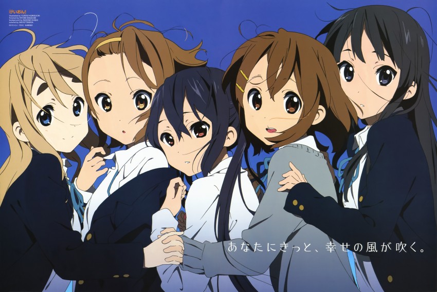 akiyama mio, nakano azusa, hirasawa yui, tainaka ritsu, and kotobuki tsumugi (k-on! and 1 more) drawn by horiguchi_yukiko, imaizumi_hitomi, ooishi_nozomi, and takeda_akiyo