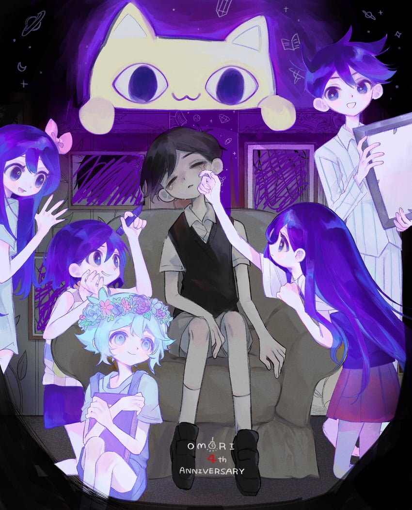 sunny, basil, aubrey, mari, kel, and 2 more (omori) drawn by p0tatotat