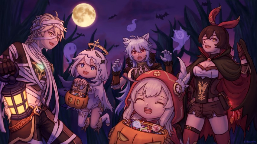 aether, paimon, klee, amber, and razor (genshin impact) drawn by chikopudding