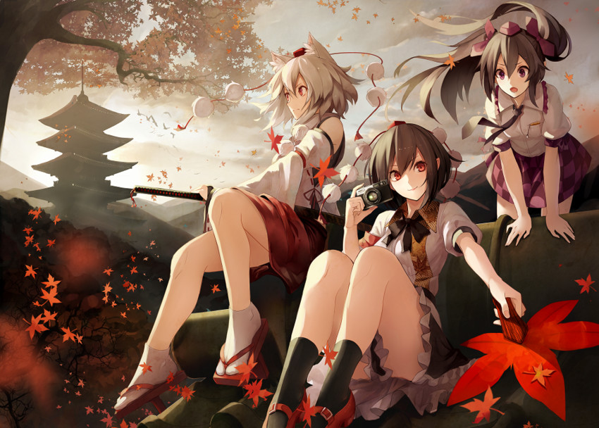 shameimaru aya, inubashiri momiji, and himekaidou hatate (touhou) drawn by fami_(yellow_skies)