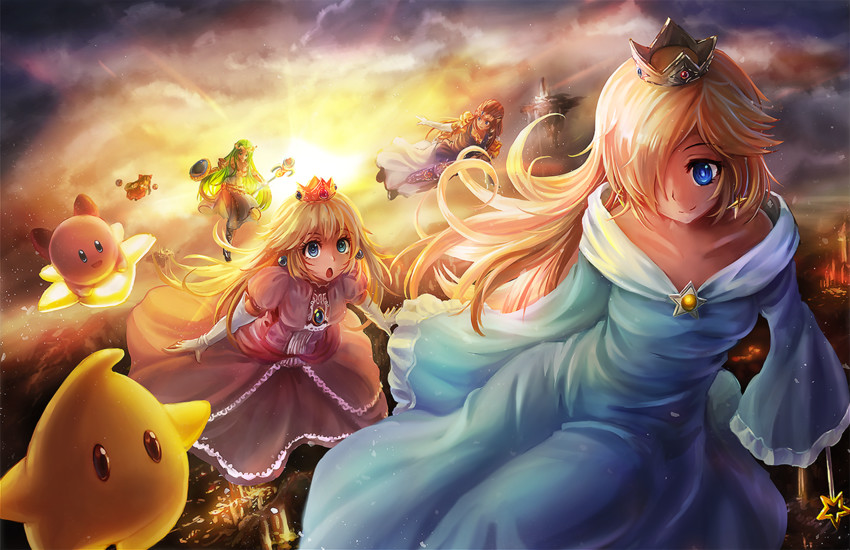 hakurei reimu, princess zelda, kirby, princess peach, rosalina, and 2 more (touhou and 8 more) drawn by freeze-ex