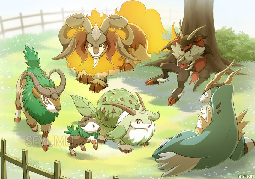 gogoat, skiddo, cobalion, incineram, caprity, and 1 more (pokemon and 1 more) drawn by seyumei