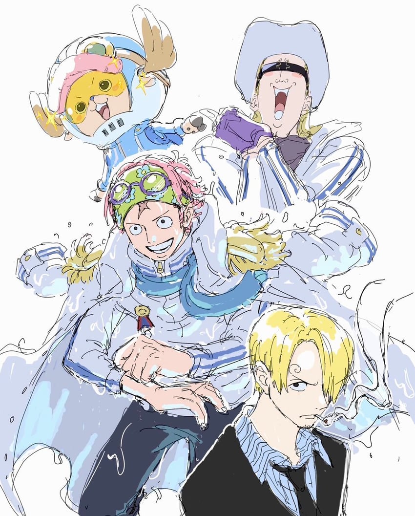 sanji, tony tony chopper, koby, and helmeppo (one piece) drawn by a-kura