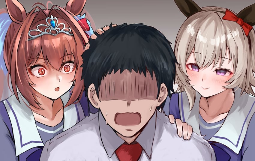 trainer, daiwa scarlet, and curren chan (umamusume) drawn by sg_(esujii)