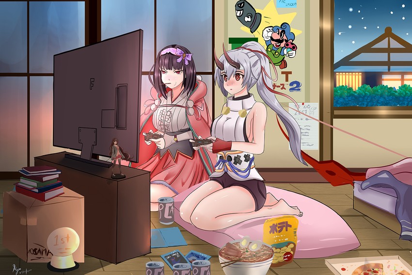 tomoe gozen, luigi, osakabehime, and bullet bill (fate and 3 more) drawn by clyde_panda