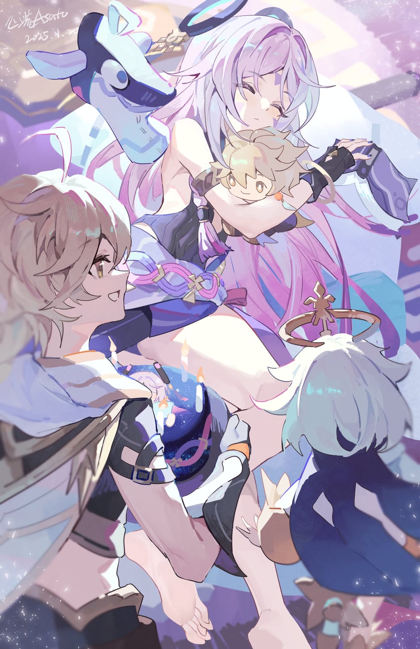 aether, paimon, citlali, and itzpapa (genshin impact) drawn by xinliu_asato