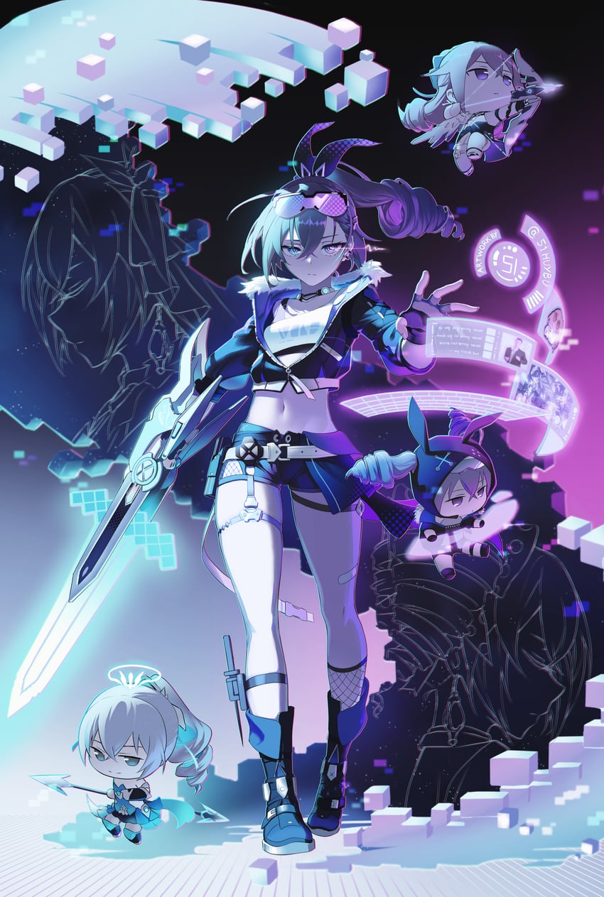 kafka, bronya zaychik, silver wolf, and rick astley (honkai and 4 more) drawn by huybu51