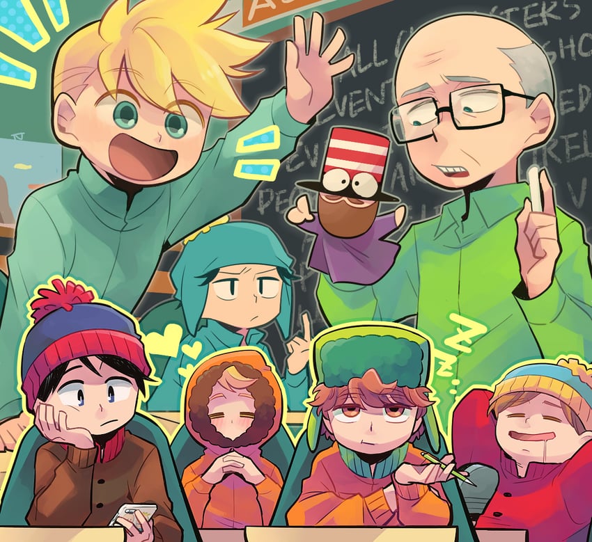 stan marsh, kenny mccormick, kyle broflovski, eric cartman, craig tucker, and 3 more (south park) drawn by tsunoji