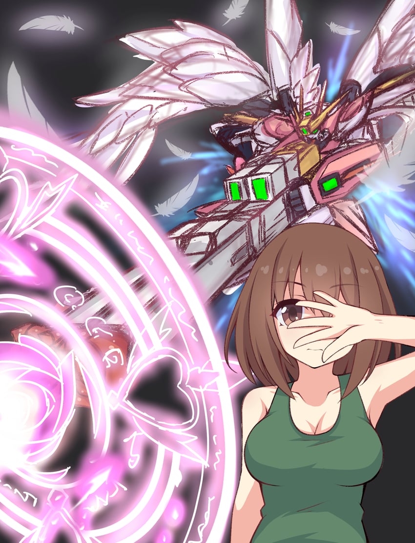yui, heero yuy, and wing gundam zero custom (gundam and 3 more) drawn by kuroha_koudai