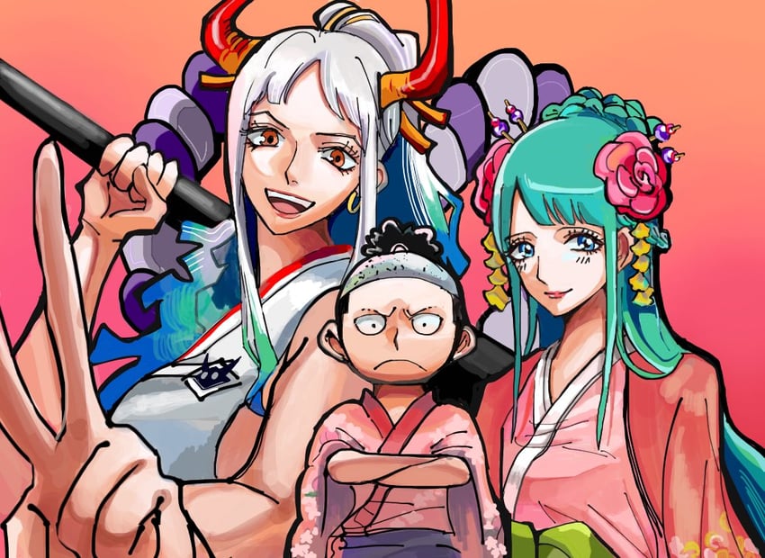 yamato, kouzuki momonosuke, and kouzuki hiyori (one piece) drawn by kjjmmmut