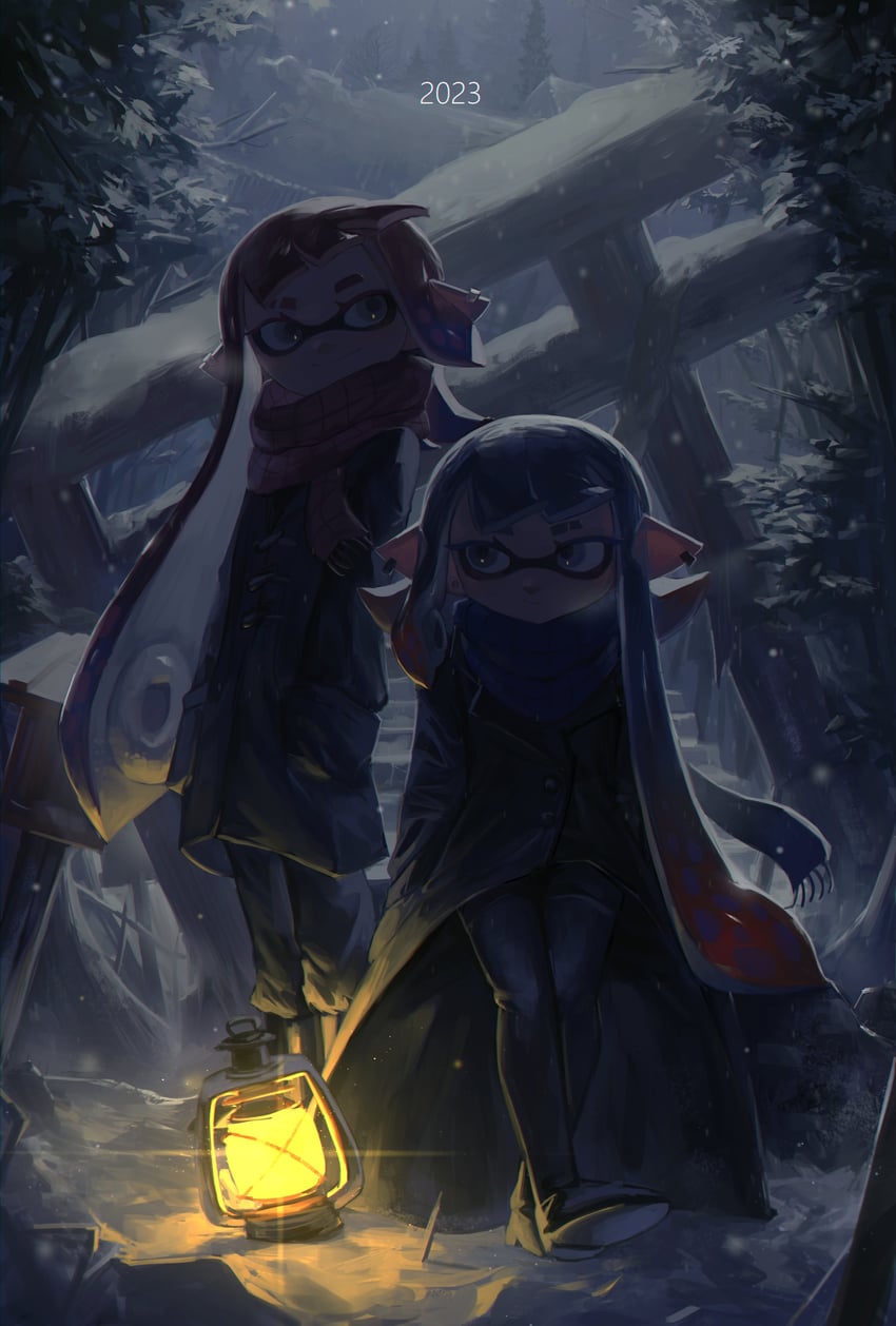 inkling player character and inkling girl (splatoon) drawn by no_(13_10_1230)