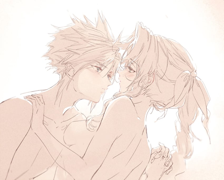 cloud strife and aerith gainsborough (final fantasy and 2 more) drawn by kieta