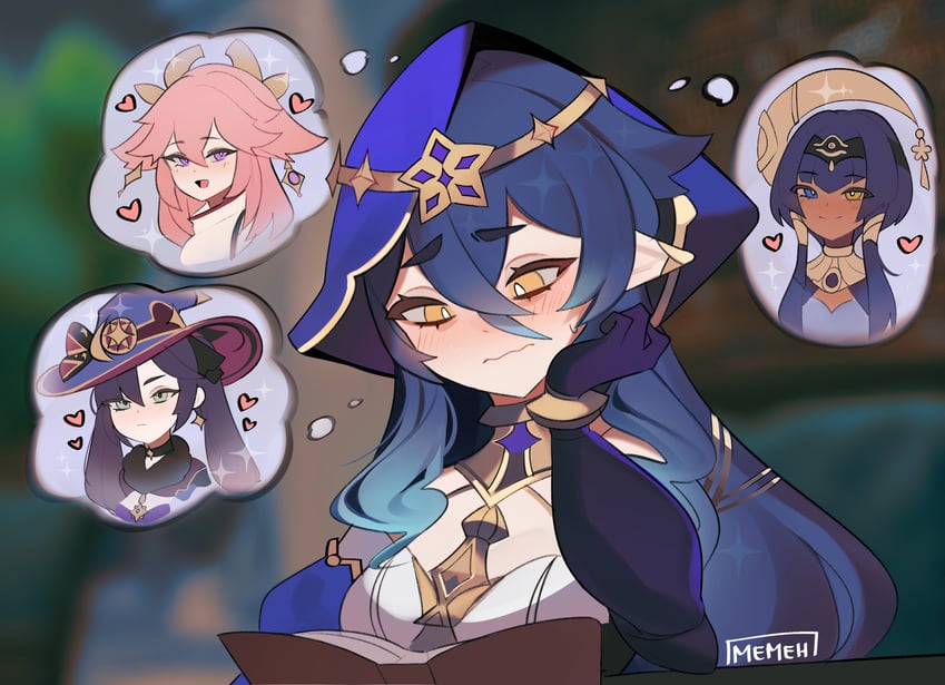 yae miko, mona, layla, and candace (genshin impact) drawn by memeh